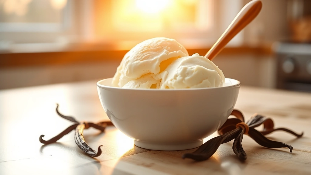 hero: silky smooth vanilla ice cream in a white bowl with a wooden spoon, golden hour natural light streaming through kitchen window, fresh vanilla bean beside bowl