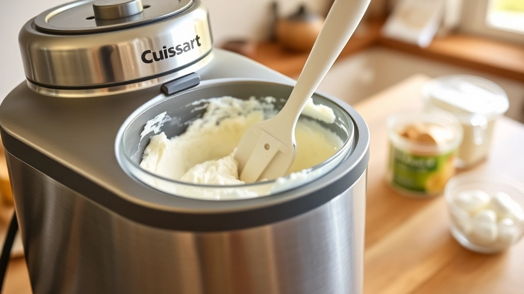 process: Cuisinart ice cream maker actively churning ice cream, close-up of paddle mixing, kitchen counter with ingredients in background, warm natural lighting