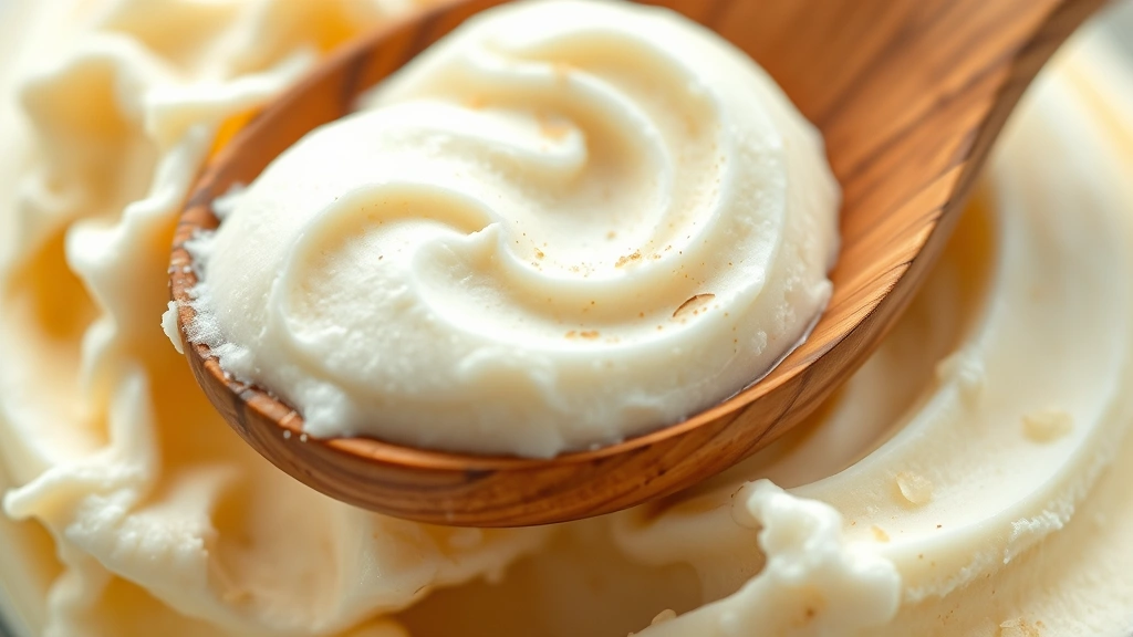 detail: close-up of creamy ice cream texture with wooden spoon creating swirl pattern, vanilla bean visible in scoop, shallow depth of field, soft natural light
