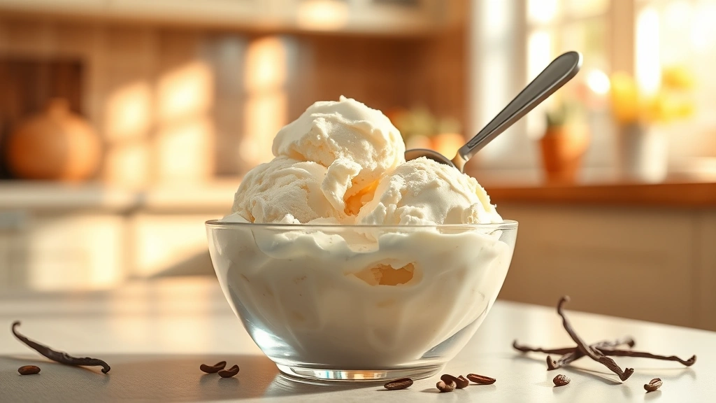 hero: Creamy vanilla ice cream in a glass bowl with a silver scoop, soft golden light streaming through a kitchen window, fresh vanilla beans scattered nearby, no text