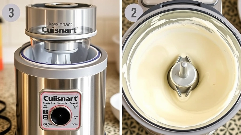 process: Cuisinart ice cream maker actively churning ice cream, metal paddle visible, cream mixture transitioning to soft-serve consistency, warm kitchen lighting, no text
