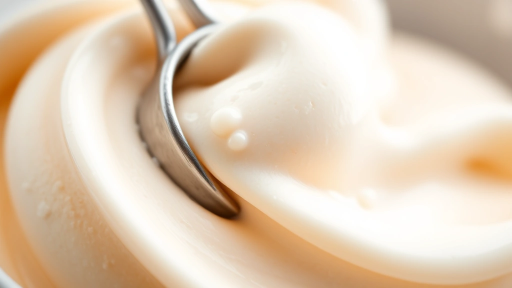 detail: Close-up of perfectly creamy ice cream texture with silver scoop creating a curl, showing rich color and smooth consistency, shallow depth of field, natural light, no text