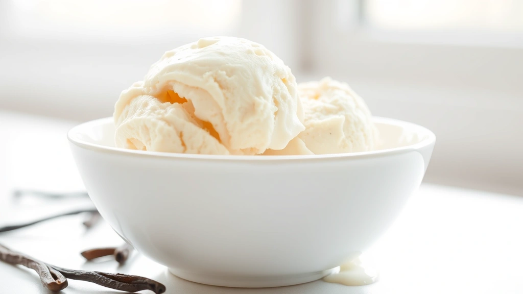 hero: a perfect scoop of creamy vanilla ice cream in a white bowl, natural window light, melting slightly at edges, fresh vanilla beans scattered nearby, clean white background