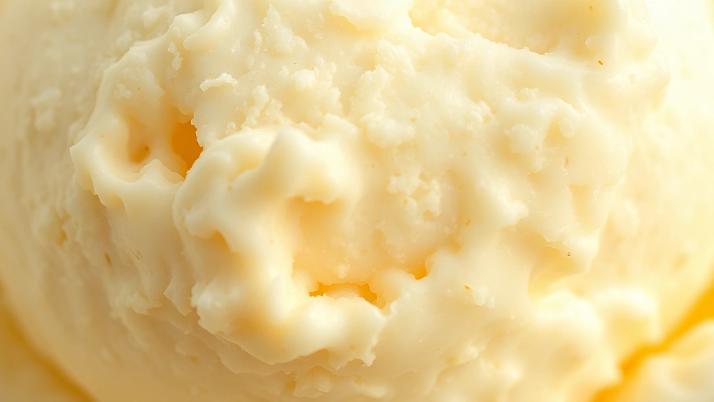 detail: extreme close-up of vanilla ice cream texture showing creamy smooth surface with tiny vanilla bean flecks, natural daylight, shallow depth of field, luxurious appearance