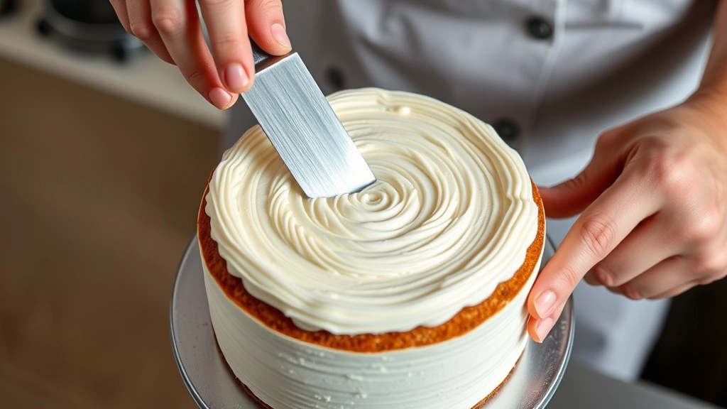process: hands using offset spatula to create spiral frosting pattern on cake, concentric circles being dragged with knife blade, frosting technique demonstration, photorealistic, natural studio light, close-up view, no text, professional kitchen setting