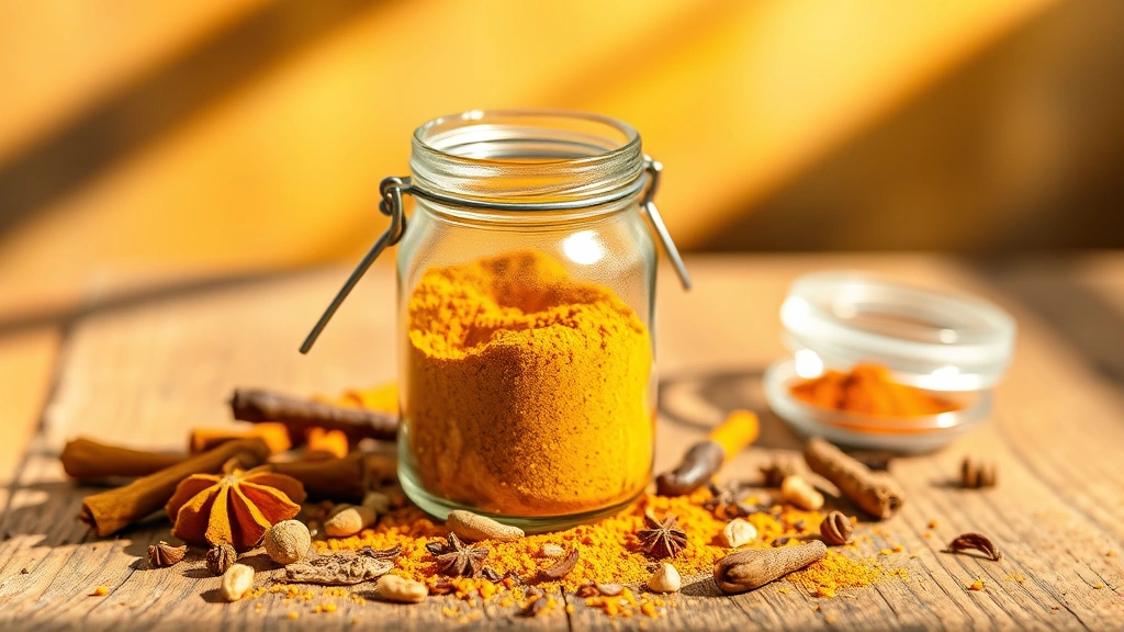 hero: golden homemade curry powder in a glass jar with dried spices scattered around, warm sunlight streaming through, rustic wooden surface, photorealistic, natural light, no text