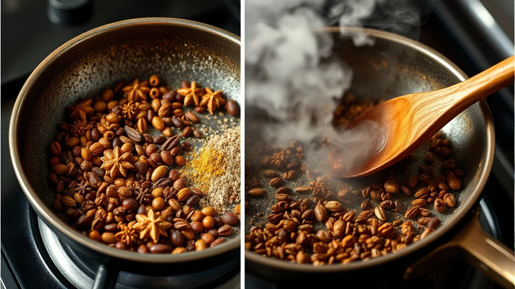 process: toasting whole spices in a dry skillet over stovetop heat, steam and aroma rising, wooden spoon stirring, photorealistic, natural light, no text