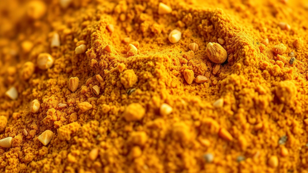 detail: close-up of ground curry powder texture showing individual ground spices and warm golden color, photorealistic, natural light, no text