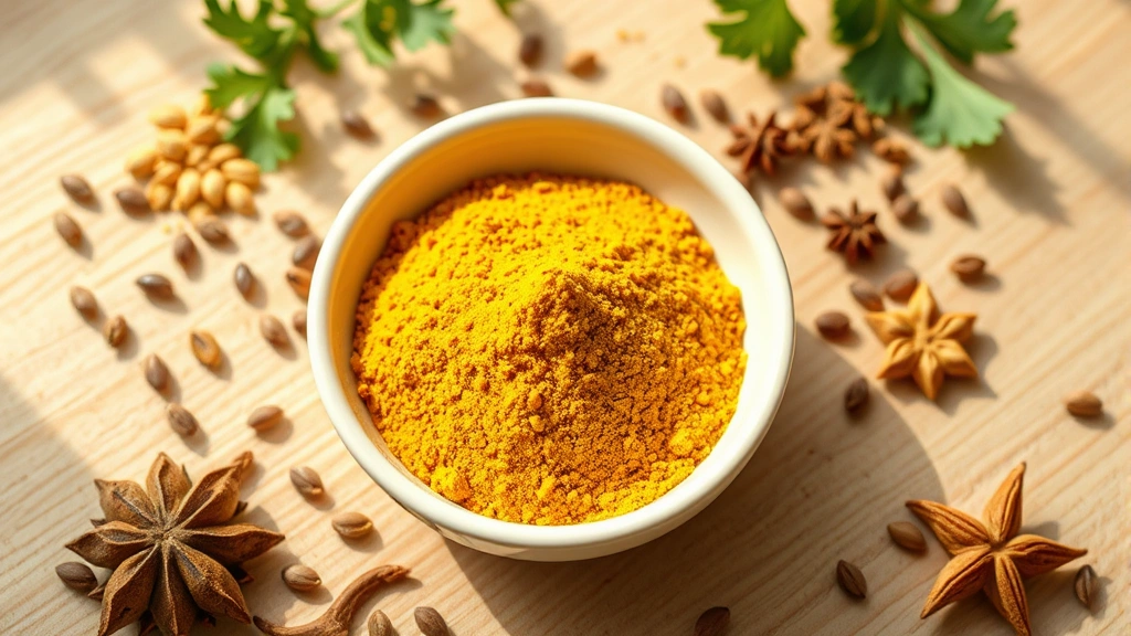 hero: golden curry seasoning powder in white ceramic bowl, surrounded by whole spices like coriander seeds and cumin, warm natural window light, styled flat lay on light wood surface