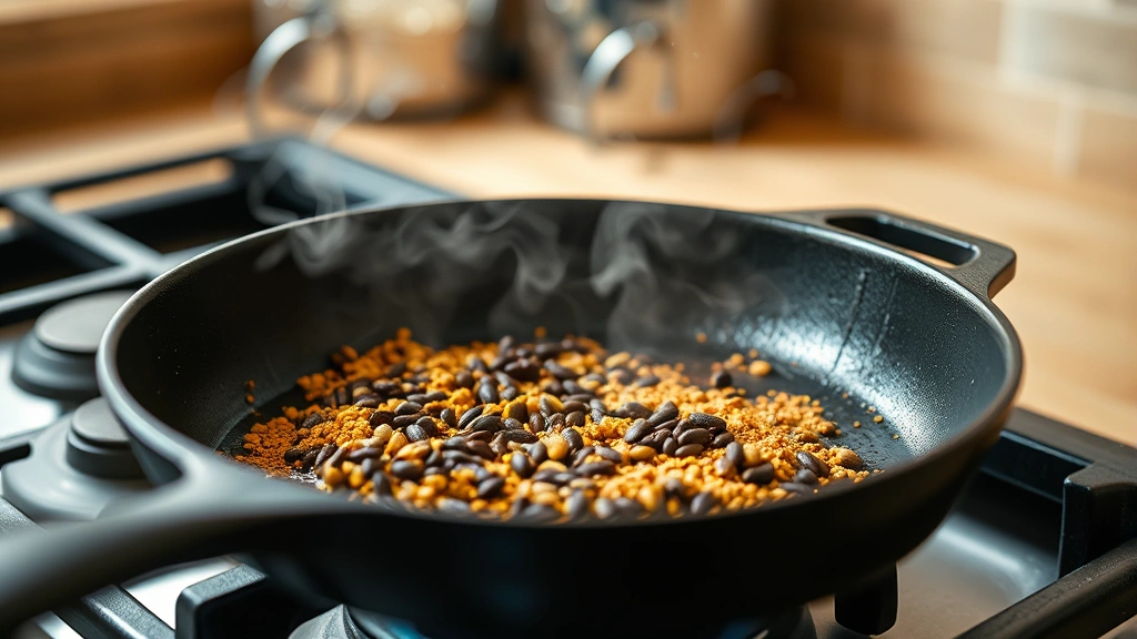 process: toasting spices in cast iron skillet on stovetop, fragrant steam rising, black mustard seeds and coriander visible, warm kitchen lighting, shallow depth of field