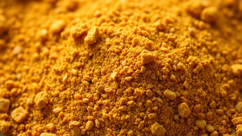 detail: close-up macro of finished curry seasoning powder texture, golden and warm tones, individual spice particles visible, natural daylight, elegant minimalist styling