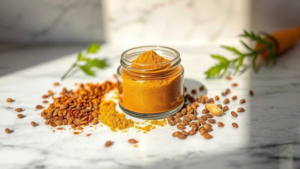 hero: golden curry spice powder in small glass jar, surrounded by whole spices like coriander seeds and cumin seeds on marble counter, warm natural light from side, artistic composition