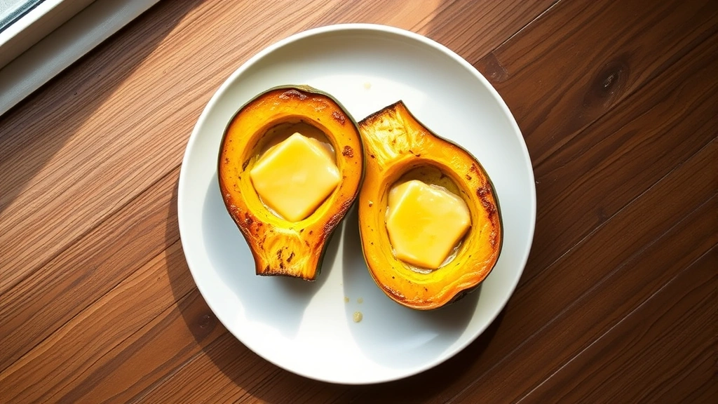 hero: roasted custard squash halves with golden caramelized edges and sage butter, on white plate, natural window light, top-down angle, no text