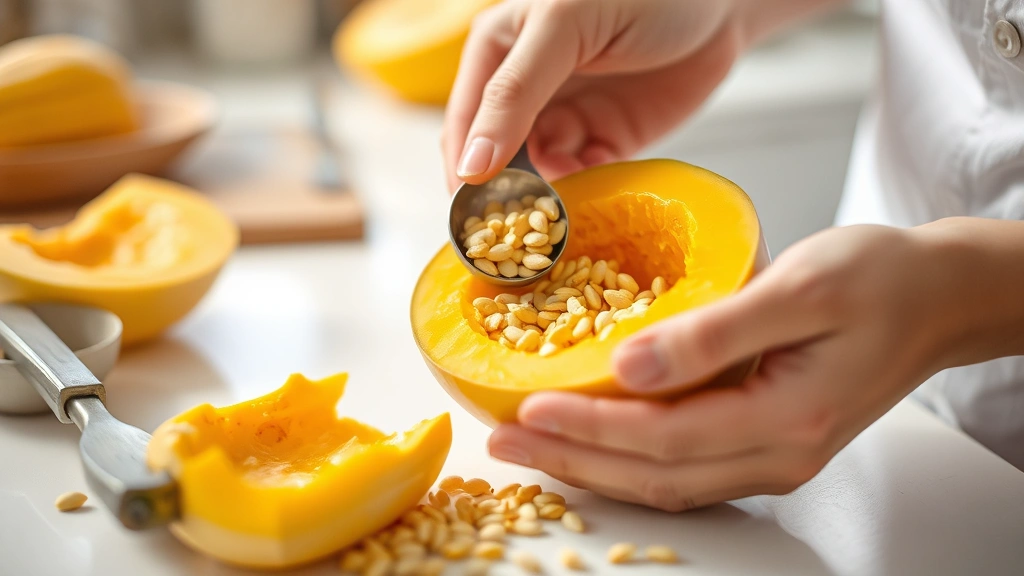 process: hands scooping seeds from fresh cut custard squash, bright kitchen counter, natural daylight, shallow depth of field, no text