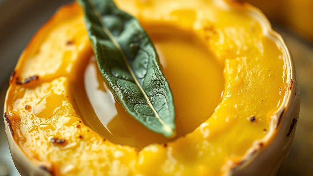 detail: close-up of roasted custard squash flesh with sage leaf and melted butter, soft focus background, macro photography, natural light, no text