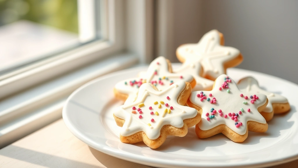 hero: decorated cut out cookies with royal icing and sprinkles on white plate, photorealistic, natural window light, no text, preppy styled backdrop