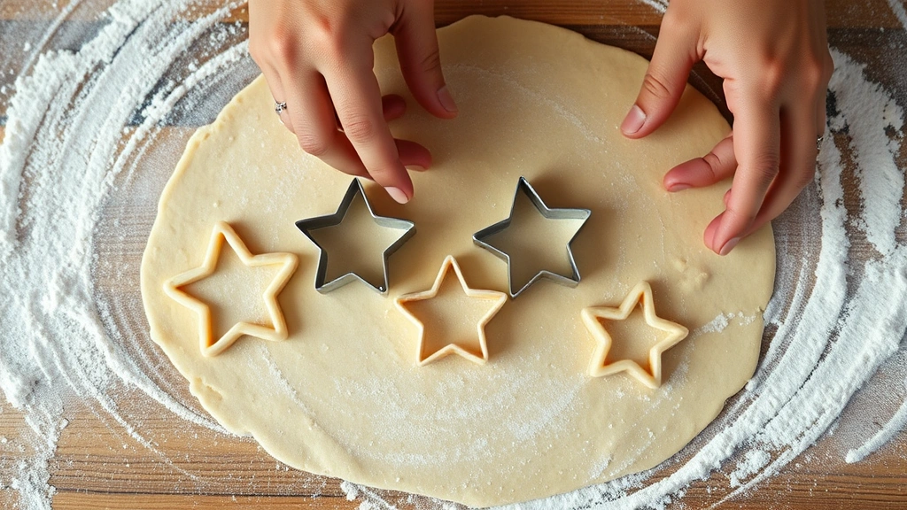 process: hands using star and heart shaped cookie cutters on rolled dough, flour dusting surface, photorealistic, natural light, no text