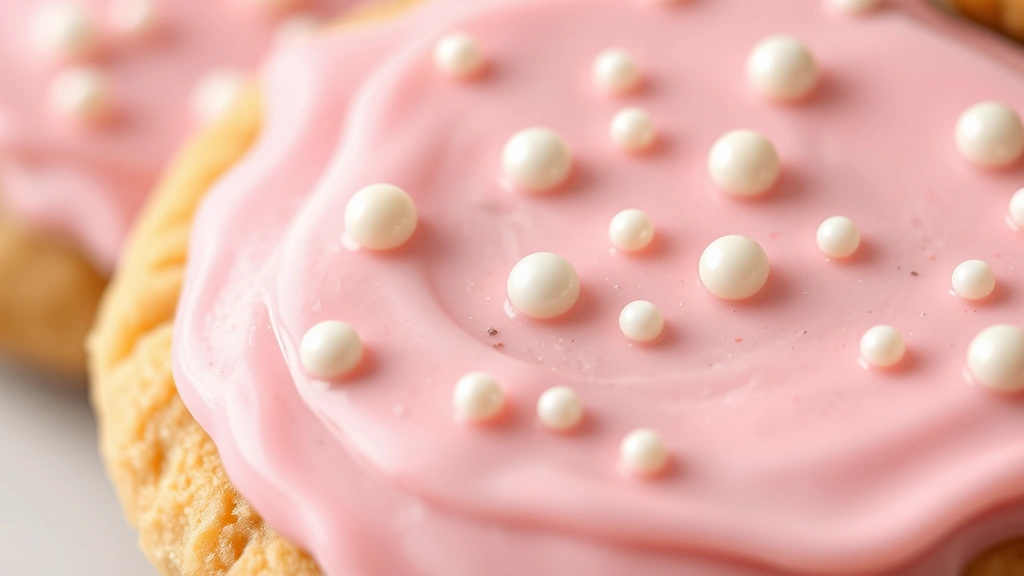 detail: close-up of frosted cookie with piped royal icing details and pearl sprinkles, shallow depth of field, photorealistic, natural light, no text