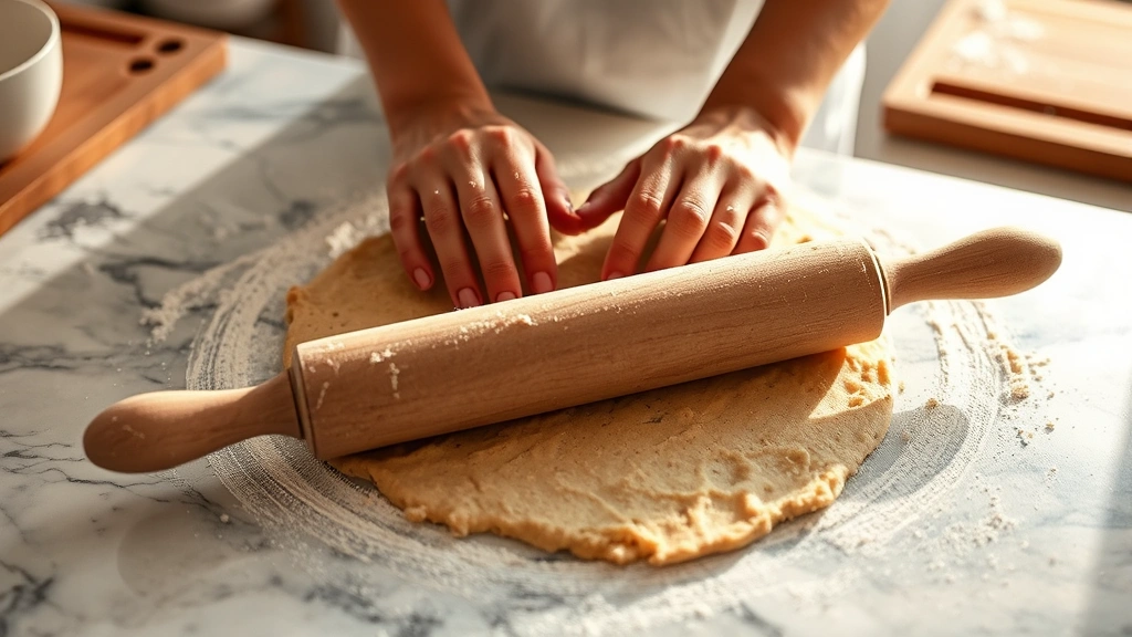 process: hands rolling out cookie dough with a rolling pin on a marble countertop, flour dusting, wooden cutting board visible, warm diffused sunlight