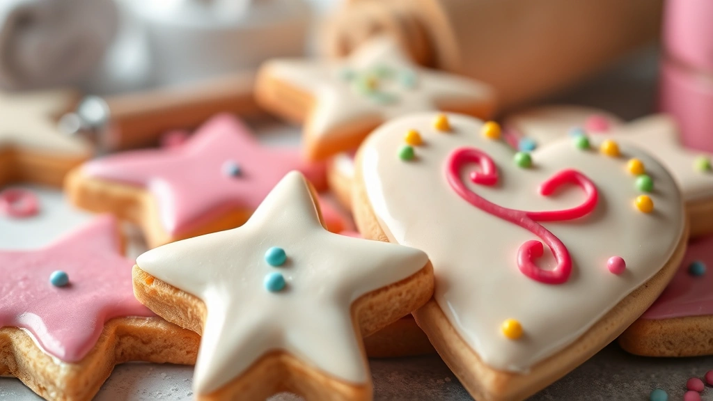 detail: close-up of decorated star and heart-shaped cookies with colorful royal icing details, bokeh background with baking supplies, macro photography