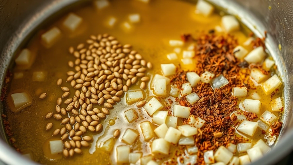 process: close-up of ghee sizzling with cumin seeds and diced onions in a large pot, aromatic spices being toasted, photorealistic, natural kitchen lighting, no text