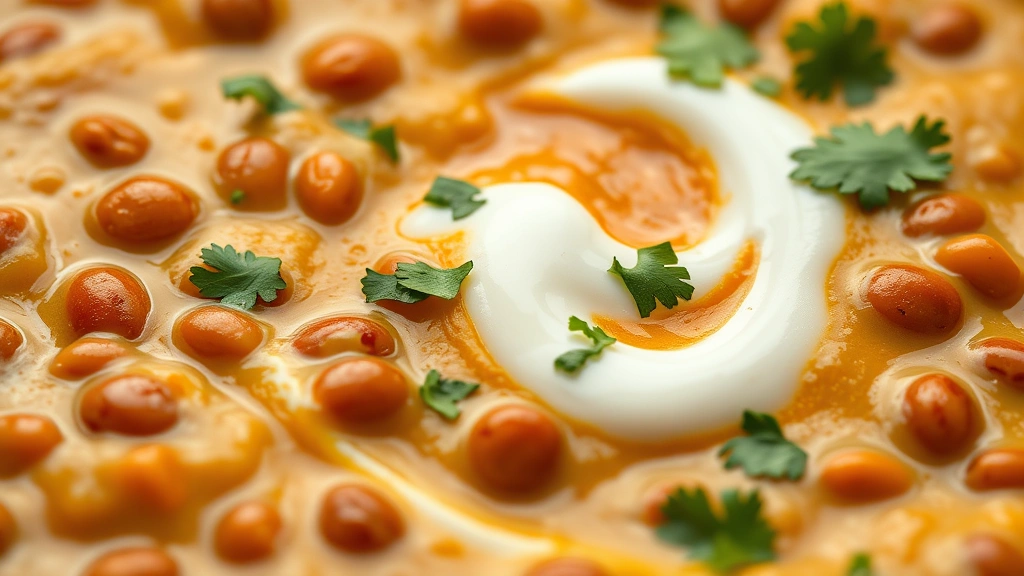 detail: extreme close-up of finished daal masoor showing creamy texture with red lentils broken down, cilantro garnish, and yogurt swirl, photorealistic, warm natural light, no text, macro photography