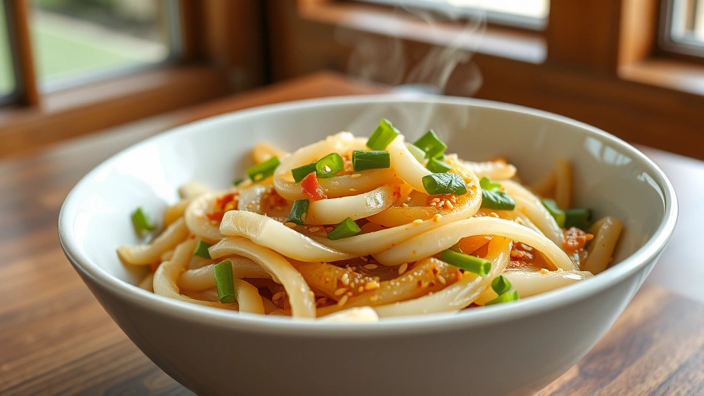 hero: finished daikon radish stir-fry in white bowl with sesame seeds and scallions, steam rising, natural window light, wooden table background, no text