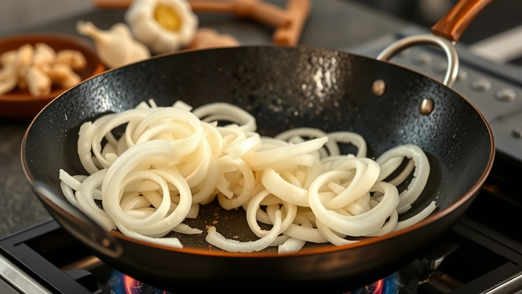 process: wok with sliced daikon radish being tossed over high heat, visible flames underneath, garlic and ginger in background, action shot, natural light, no text