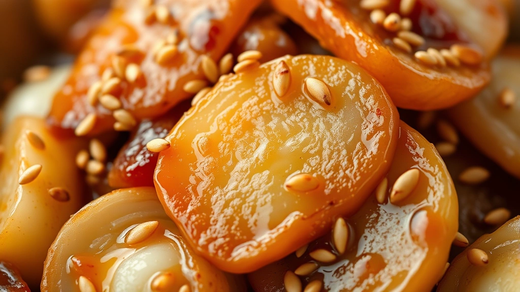 detail: close-up of caramelized daikon pieces with toasted sesame seeds, glistening with sauce, shallow depth of field, warm natural light, no text