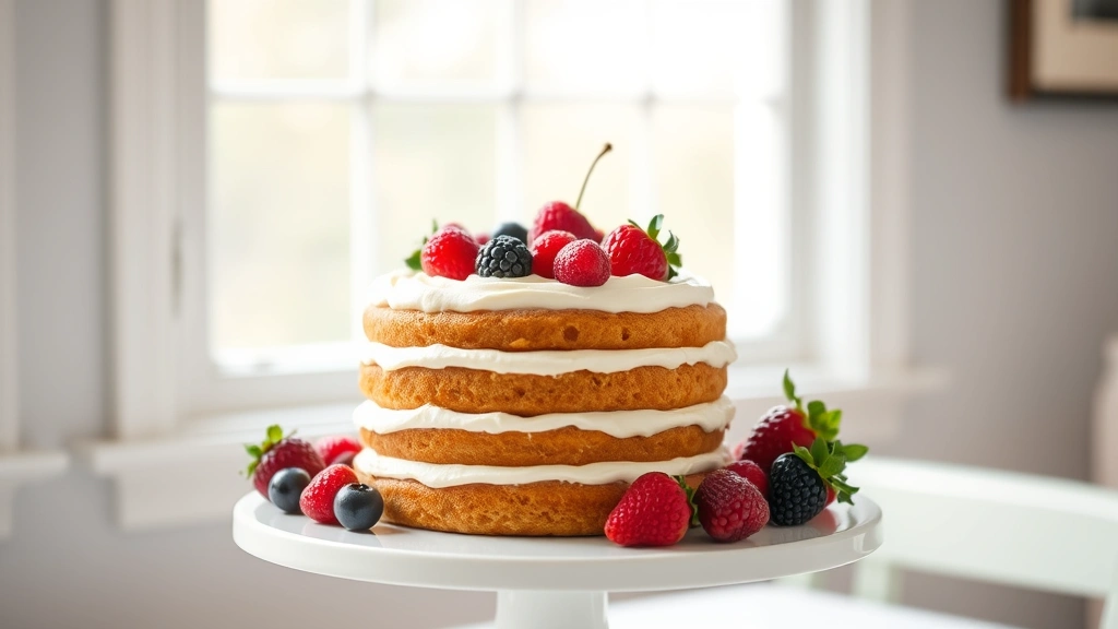 hero: three-layer dairy-free cake with creamy frosting and fresh berries on top, sitting on a white cake stand in bright natural window light, photorealistic, clean background, no text