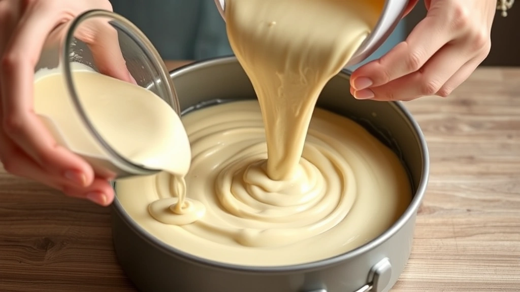 process: hands pouring cake batter into a round cake pan, showing the smooth, creamy texture of the batter, photorealistic, natural daylight, no text
