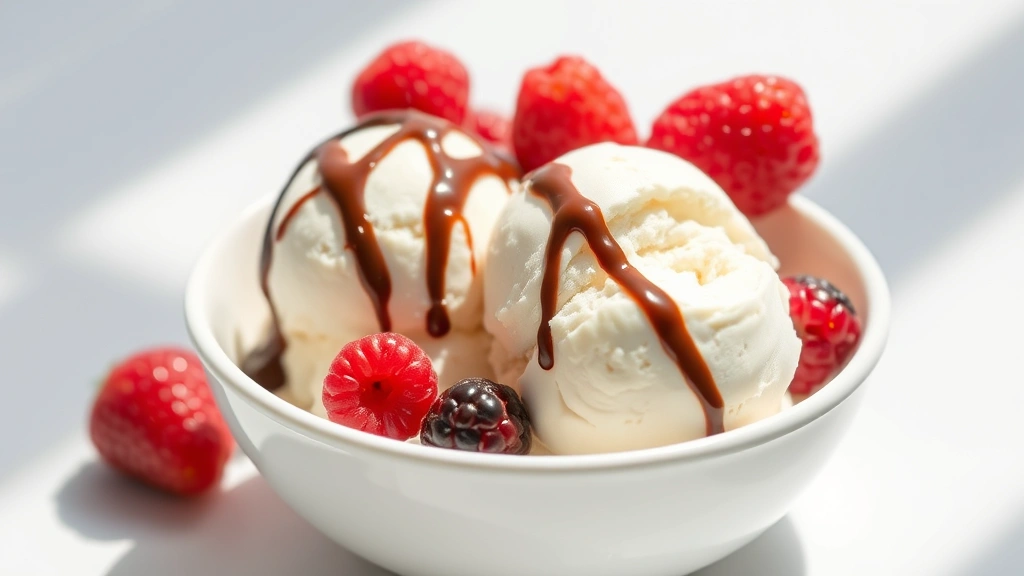 hero: beautiful scoops of creamy dairy-free ice cream in a white bowl, topped with fresh berries and a drizzle of chocolate sauce, photorealistic, natural sunlight streaming across the bowl, minimalist white background, no text