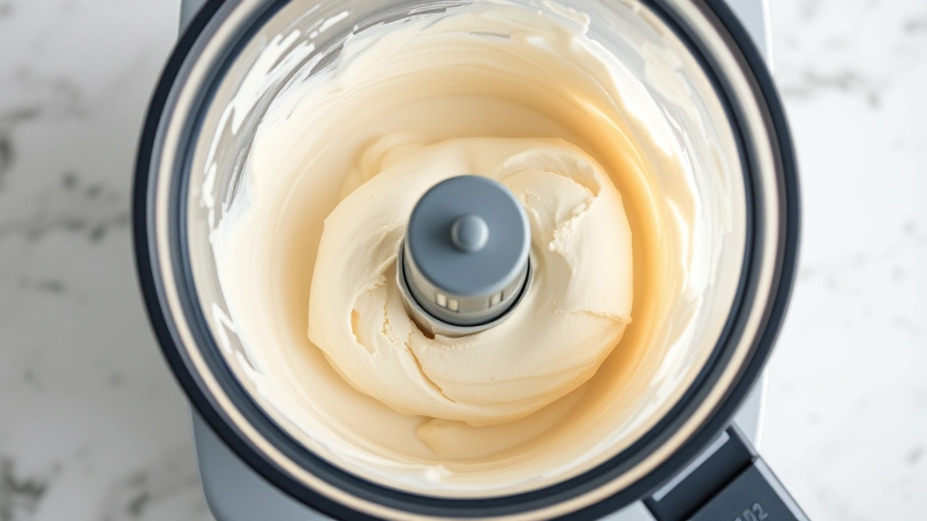 process: ice cream churning in motion inside an ice cream maker, showing the creamy mixture transforming to soft-serve consistency, photorealistic, natural kitchen lighting, overhead angle, no text