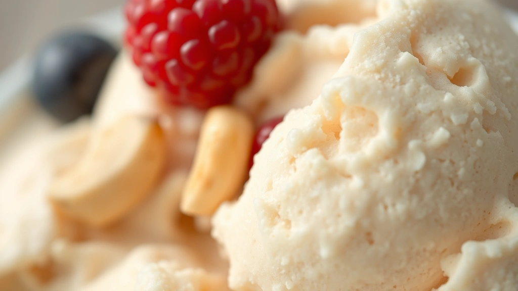detail: close-up macro shot of a single perfect scoop of dairy-free ice cream with visible smooth texture, with one cashew and berry in sharp focus, photorealistic, soft natural light with shallow depth of field, no text