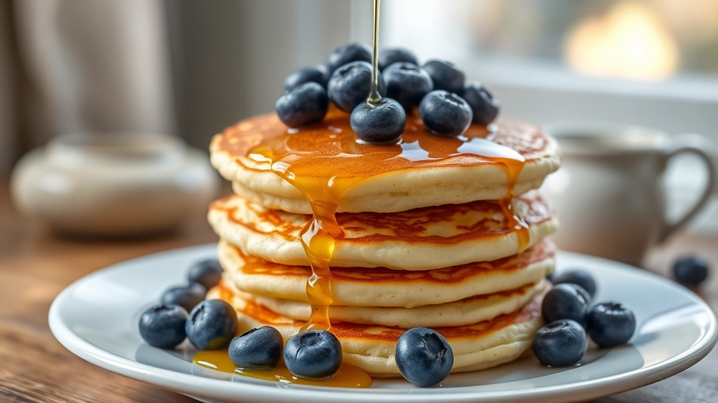 hero: stack of fluffy golden brown dairy-free pancakes topped with fresh blueberries and maple syrup dripping down the sides, photorealistic, natural morning light streaming in from window, no text