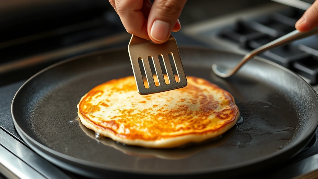 process: hand flipping pancake on griddle with spatula showing golden brown bottom, steam rising, photorealistic, natural kitchen light, no text