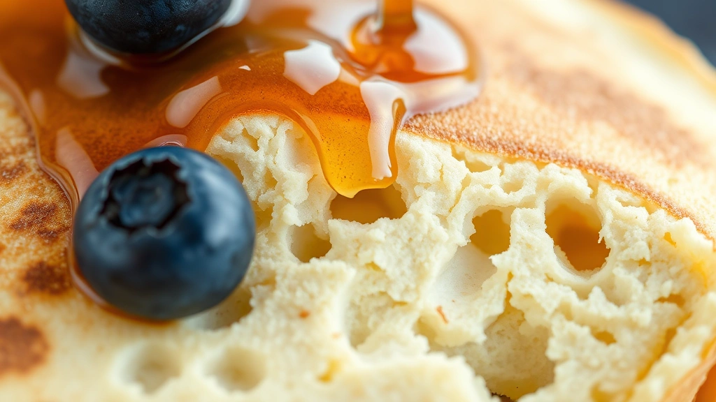 detail: close-up cross-section of fluffy pancake interior showing air pockets and texture, topped with single blueberry and maple syrup, photorealistic, macro photography with natural light, no text