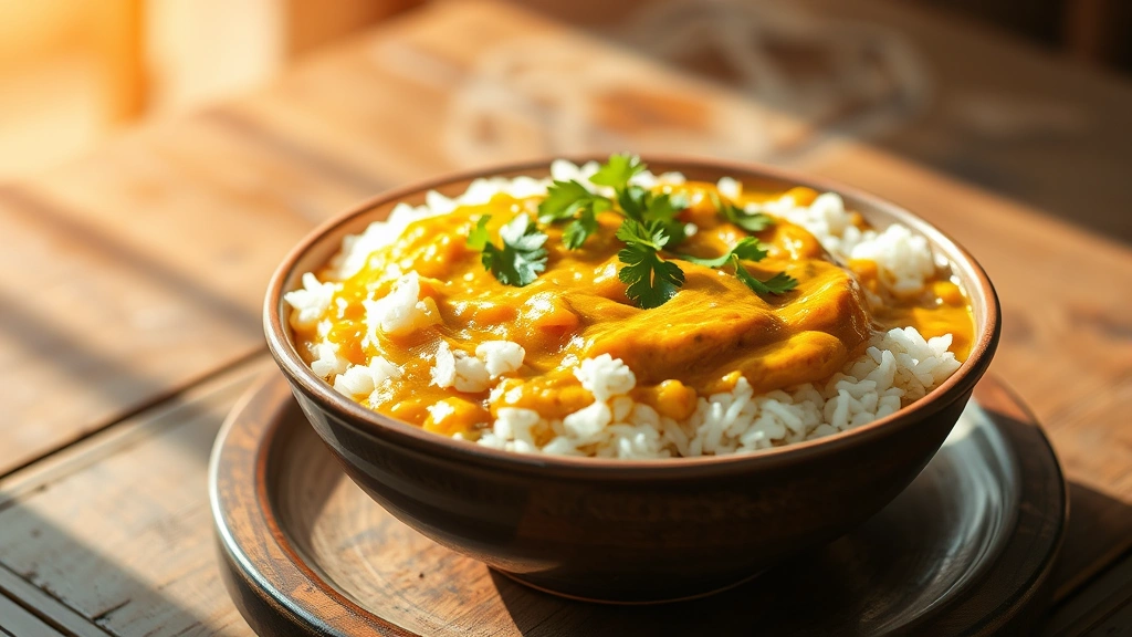 hero: steaming bowl of dal bhaat with golden ghee tadka drizzled on top, fluffy white basmati rice, creamy yellow dal, fresh cilantro garnish, warm afternoon natural light streaming across rustic wooden table, photorealistic, appetizing, no text