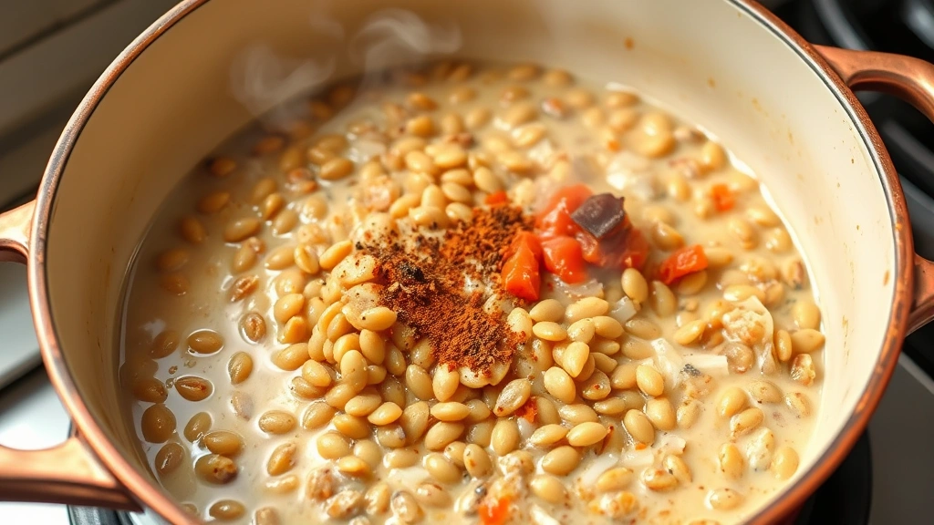 process: simmering lentils in cream-colored saucepan with onion and tomato mixture being stirred in, steam rising, whole spices visible, copper or stainless steel pot, natural kitchen light, photorealistic, no text