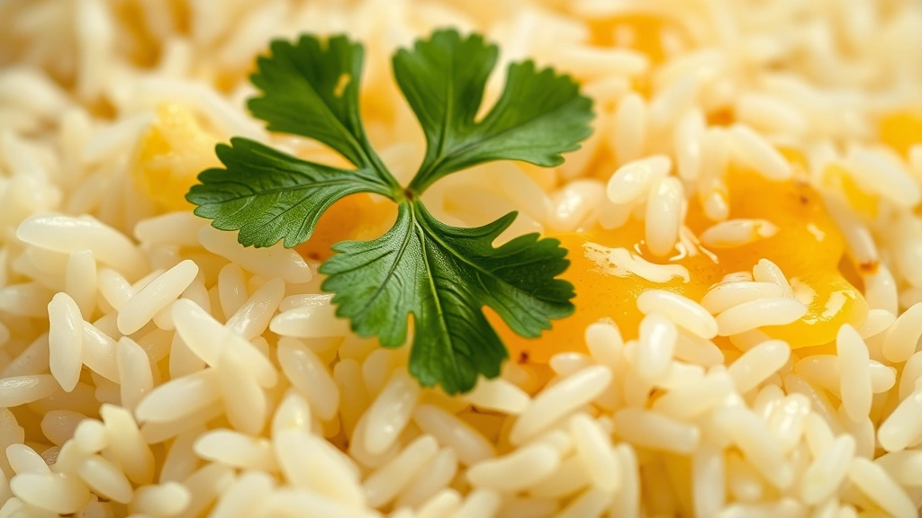 detail: close-up macro shot of fluffy basmati rice grains with creamy dal coating, fresh cilantro leaf on top, ghee glistening, shallow depth of field, warm natural light, photorealistic, no text