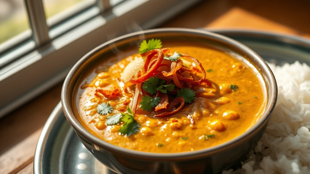 hero: steaming bowl of golden dal fry topped with crispy fried onions, fresh cilantro garnish, and drizzle of ghee, served with basmati rice on the side, warm natural sunlight, no text, authentic Indian cuisine