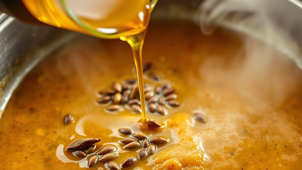 process: close-up of tadka being poured over dal with cumin seeds and curry leaves sizzling, golden ghee bubbling, steam rising, authentic cooking technique, natural light, no text