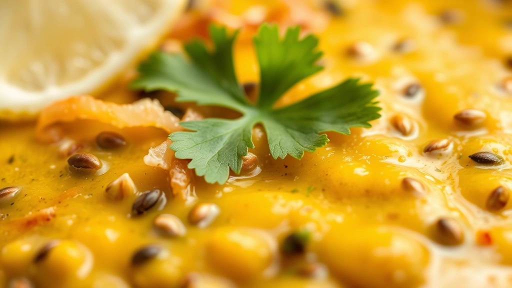 detail: extreme close-up of creamy dal fry texture with whole cumin seeds visible, crispy fried onions, fresh cilantro leaves, lemon wedge, shallow depth of field, natural light, no text