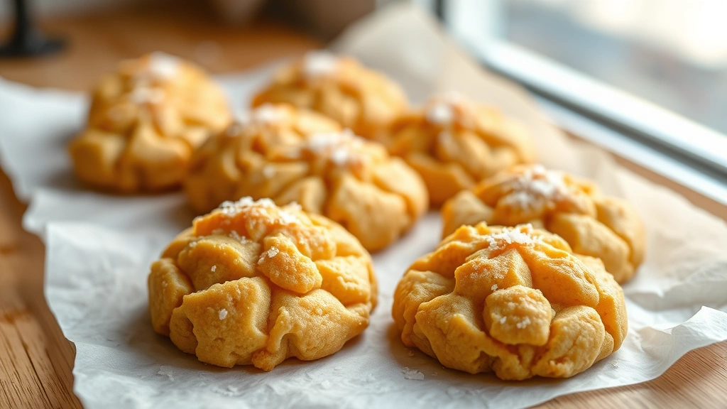 hero: golden dalgona honeycomb cookies on white parchment paper with sea salt sprinkles, warm natural window light, shallow depth of field, no text