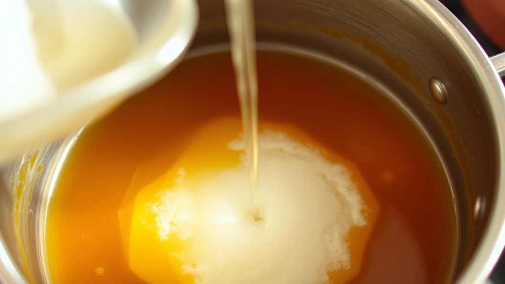 process: melted amber caramel in saucepan with baking soda being added and bubbling up dramatically, golden steam rising, natural kitchen lighting, no text