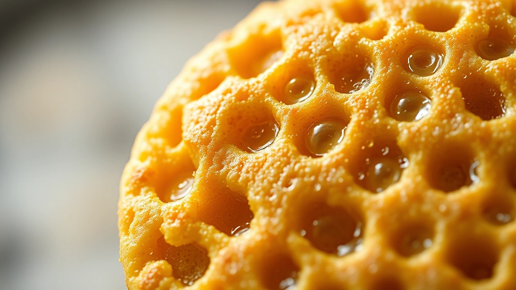 detail: close-up macro shot of single dalgona cookie showing intricate honeycomb texture structure, light passing through airy bubbles, shallow focus, no text