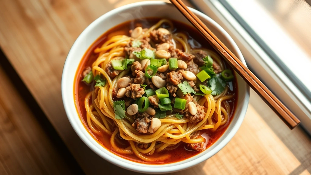 hero: bowl of dan dan noodles with sesame sauce, ground pork, scallions, cilantro and peanuts, vibrant colors, steam rising, chopsticks on side, natural daylight from window, overhead 45-degree angle, on white ceramic bowl, no text or watermarks