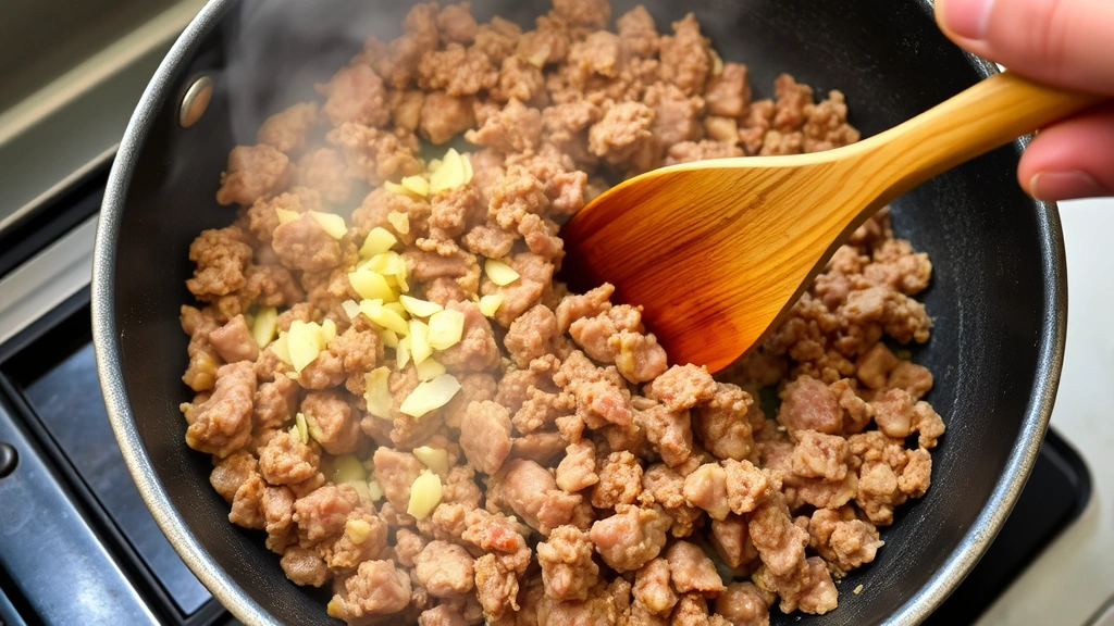 process: cooking ground pork in skillet with garlic and ginger, golden brown meat, steam visible, chef's hand holding wooden spoon, natural kitchen lighting, no text or watermarks