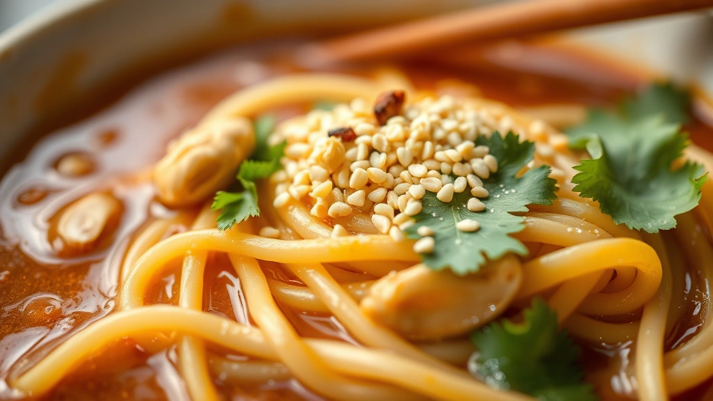detail: close-up of dan dan noodles with sauce, garnishes visible including peanuts and cilantro, sesame seeds sprinkled on top, shallow depth of field, warm natural light, macro photography, no text or watermarks