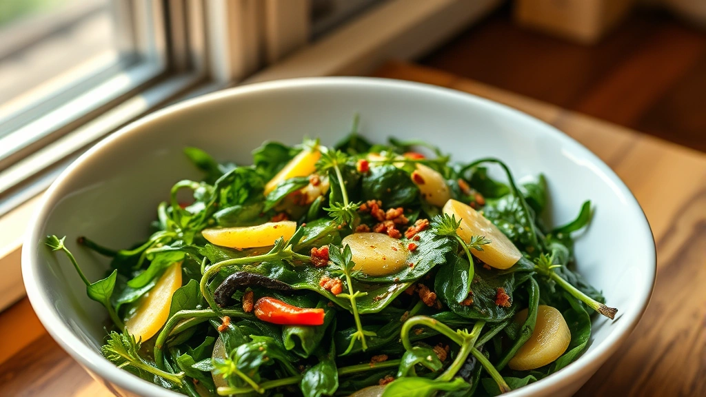 hero: vibrant dark green dandelion greens sautéed with golden garlic and red pepper flakes in a white ceramic bowl, drizzled with olive oil and lemon, fresh herbs garnish, warm natural light from window, shot from above at 45 degrees, no text or watermarks